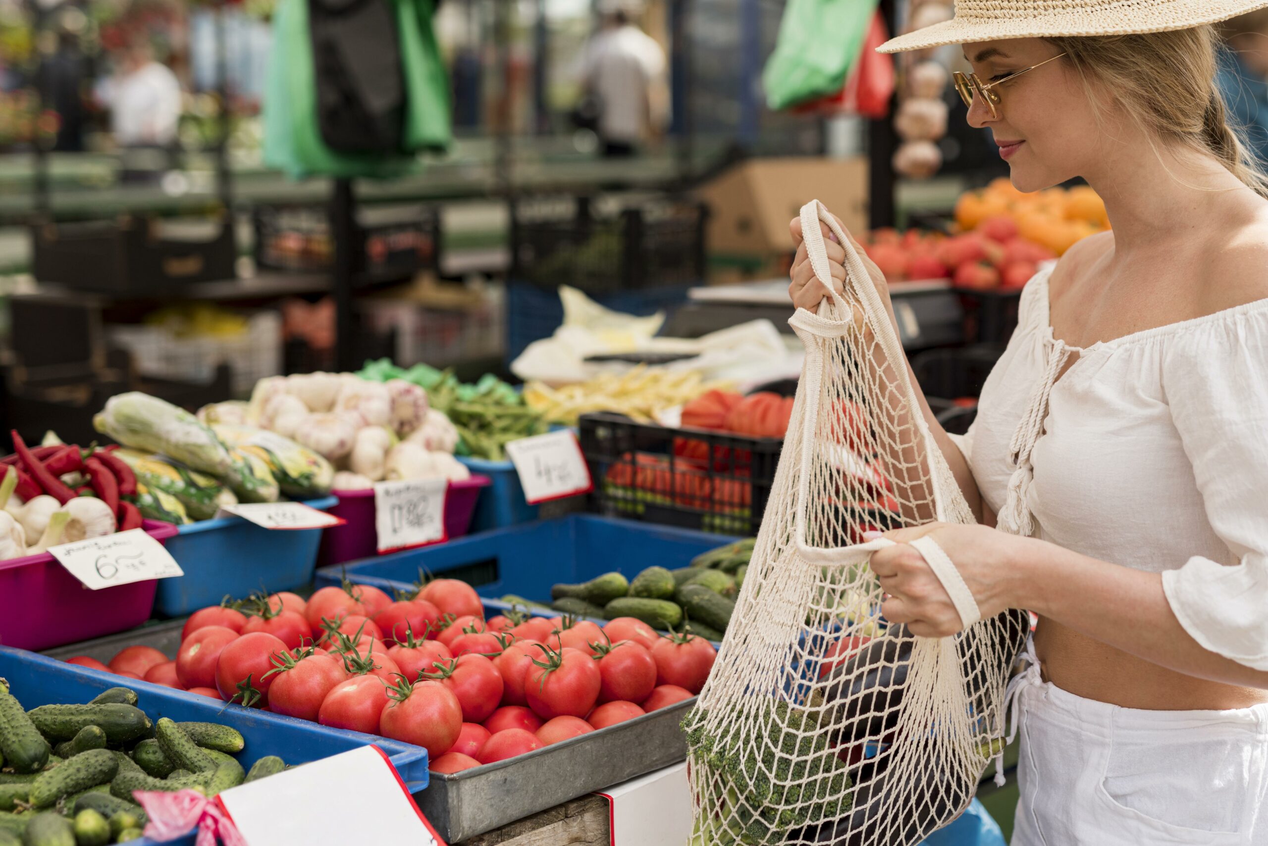 Beautiful Woman Using Organic Bag Veggies